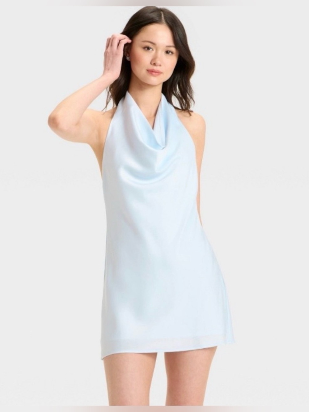 A New Day Satin Halter Cowl Neck Mini Dress Light Blue Size Large